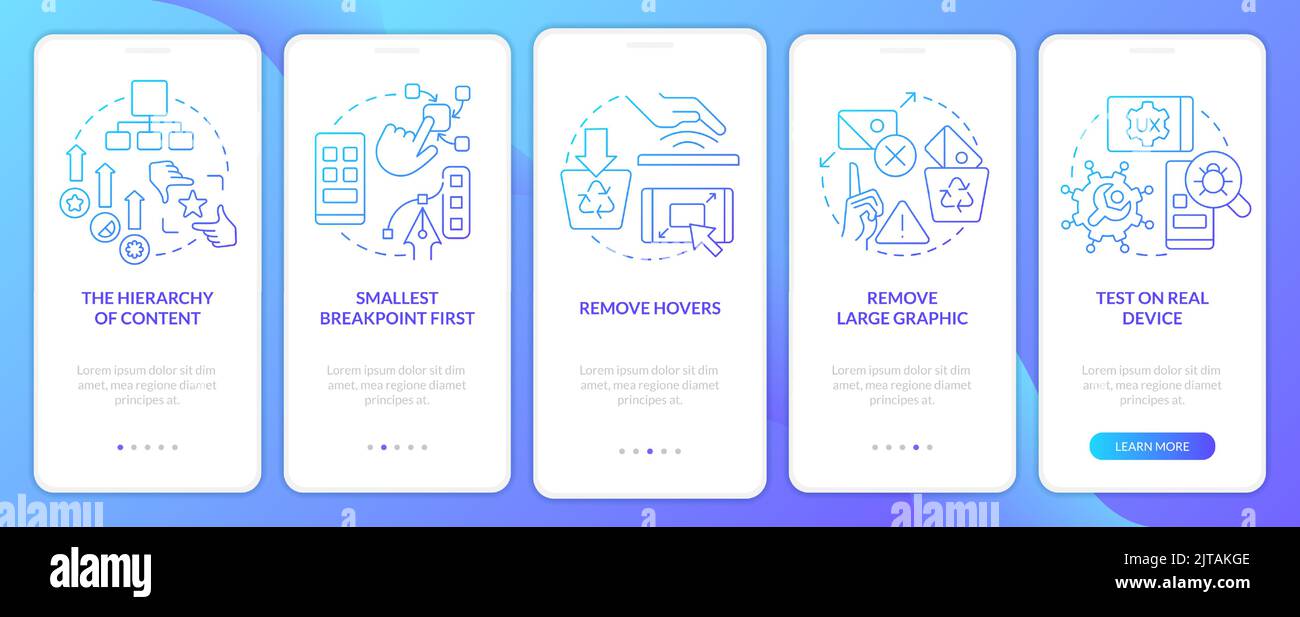 Mobile first design process blue gradient onboarding mobile app screen Stock Vector