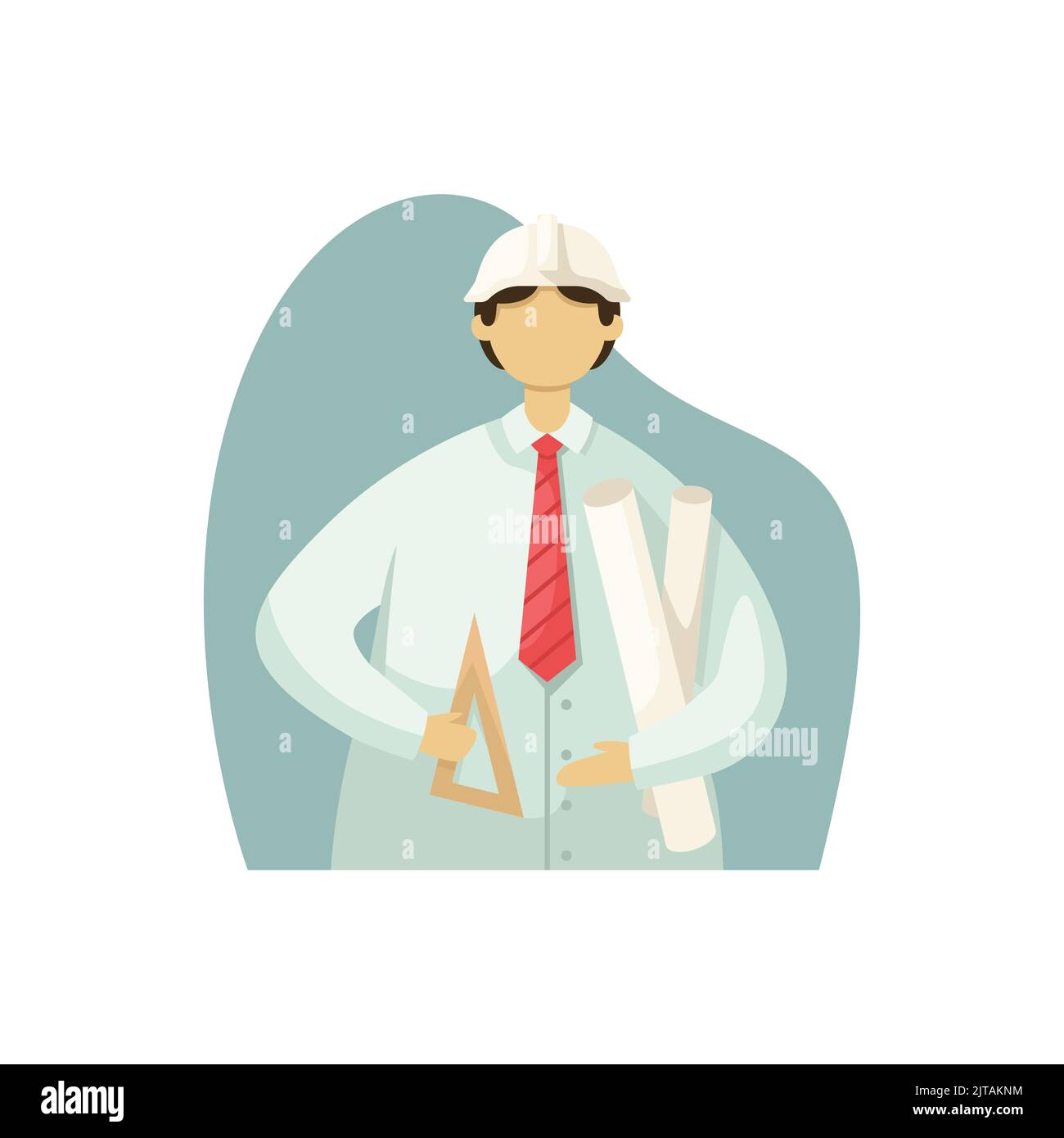 Vector illustration of a male engineer with technical drawings in his hands and wearing a helmet. Flat style Stock Vector