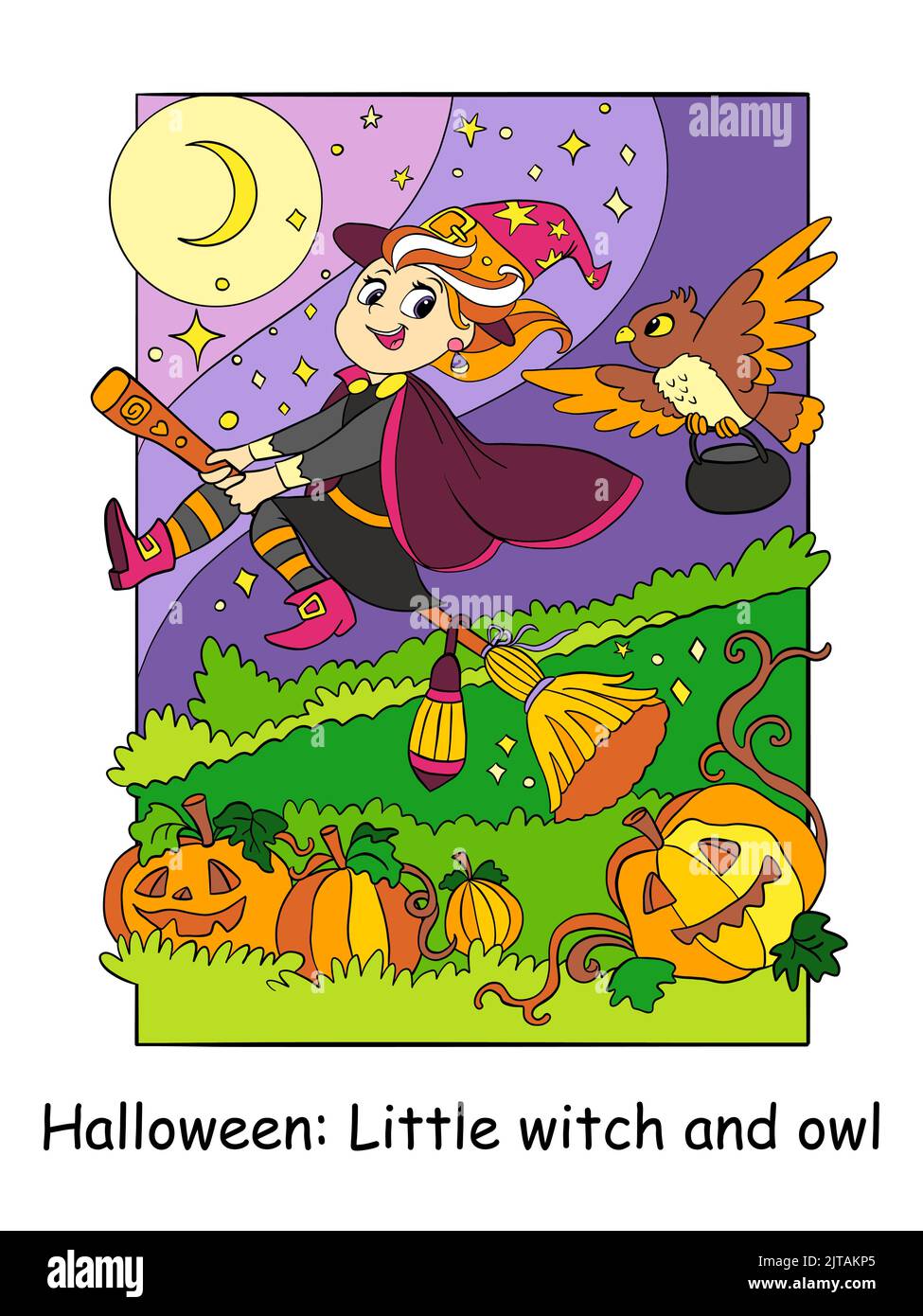 Cute little witch flying on a broomstick with an owl. Halloween concept ...