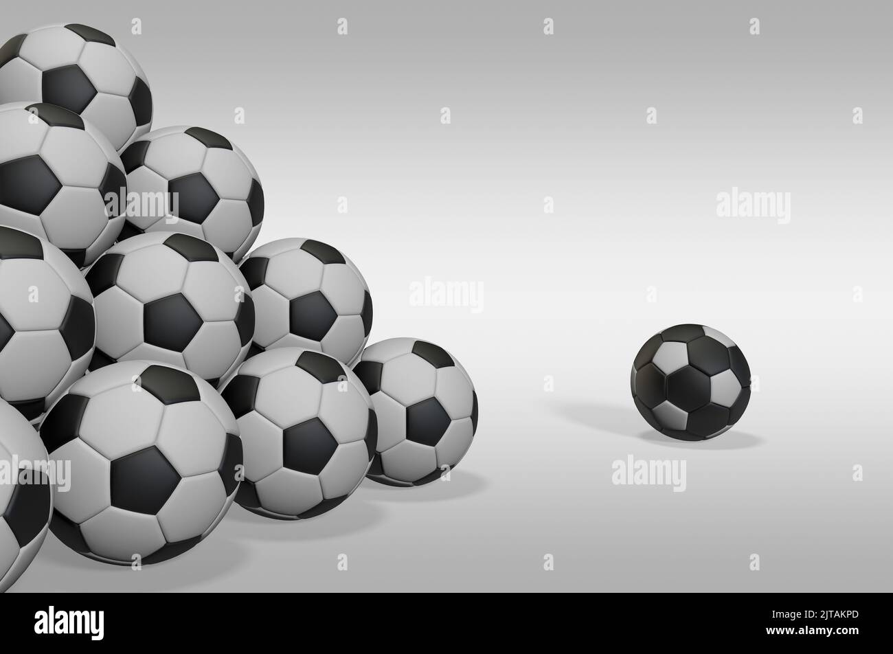 Black cue ball in front of a pile of classic soccer balls in 3D