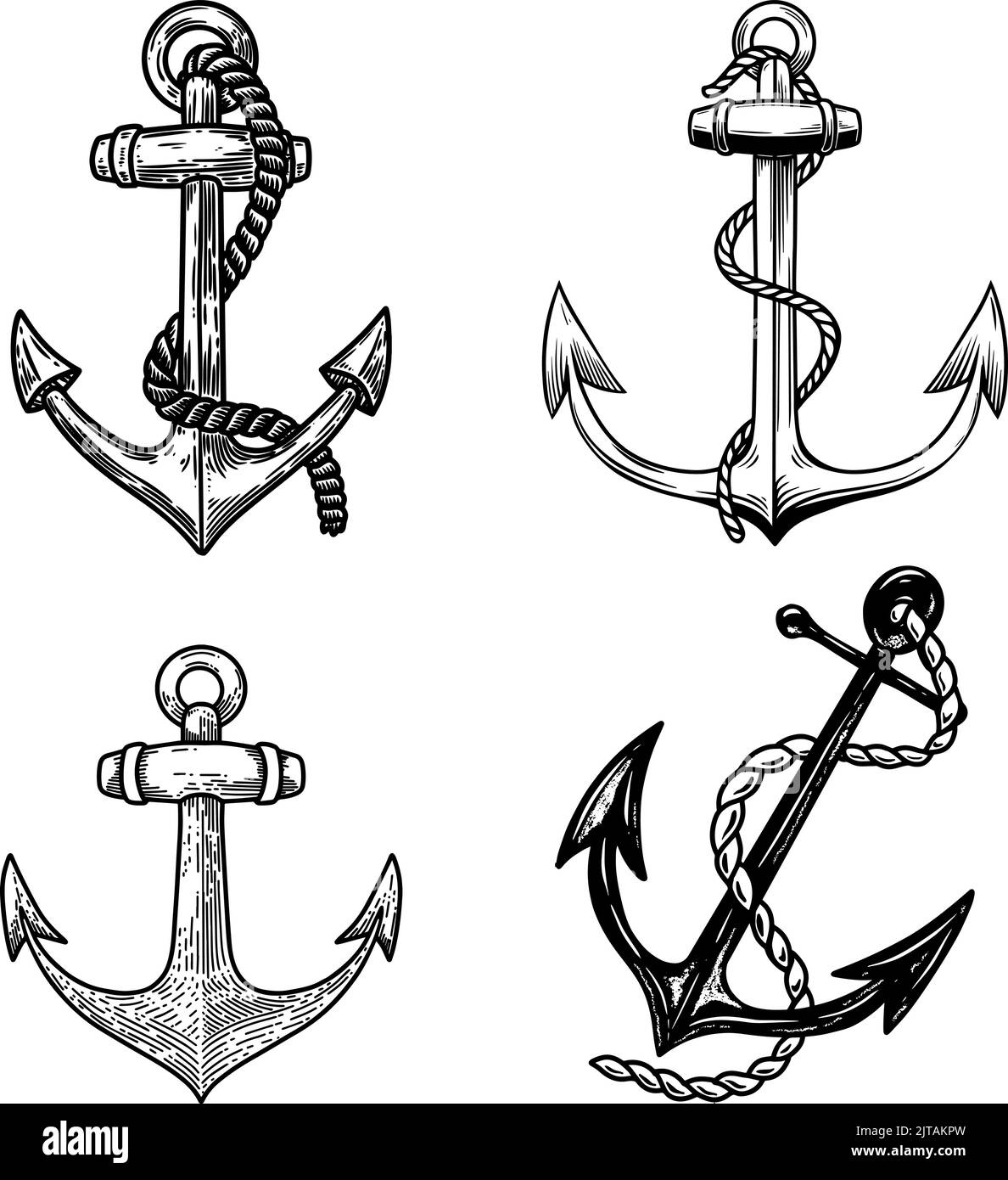 Set of vintage old style anchors. Design element for logo, label, sign, badge. Vector illustration Stock Vector