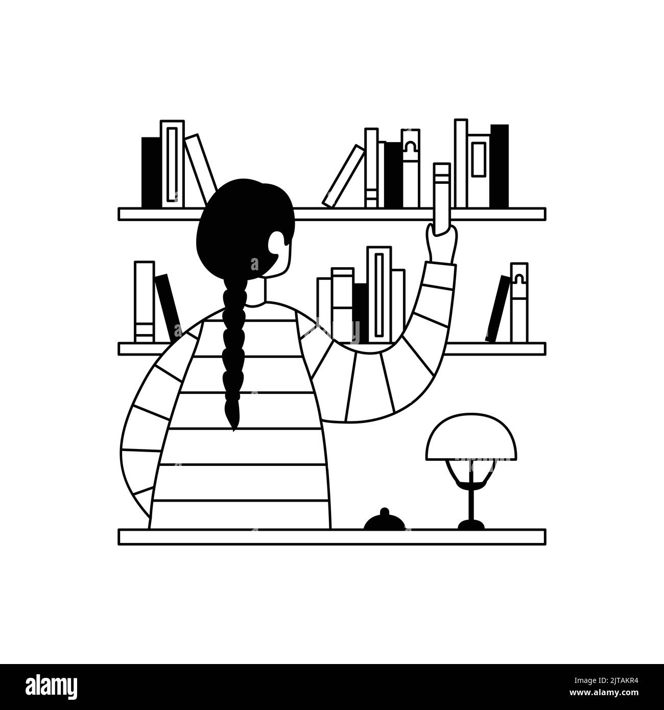 Vector illustration of a librarian woman arranging books on shelves. Outline Stock Vector