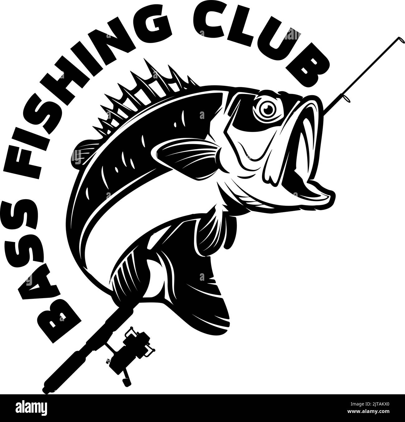 Bass fishing club. Bass fish and fishing rod. Design element for logo, label, sign, badge. Vector illustration Stock Vector