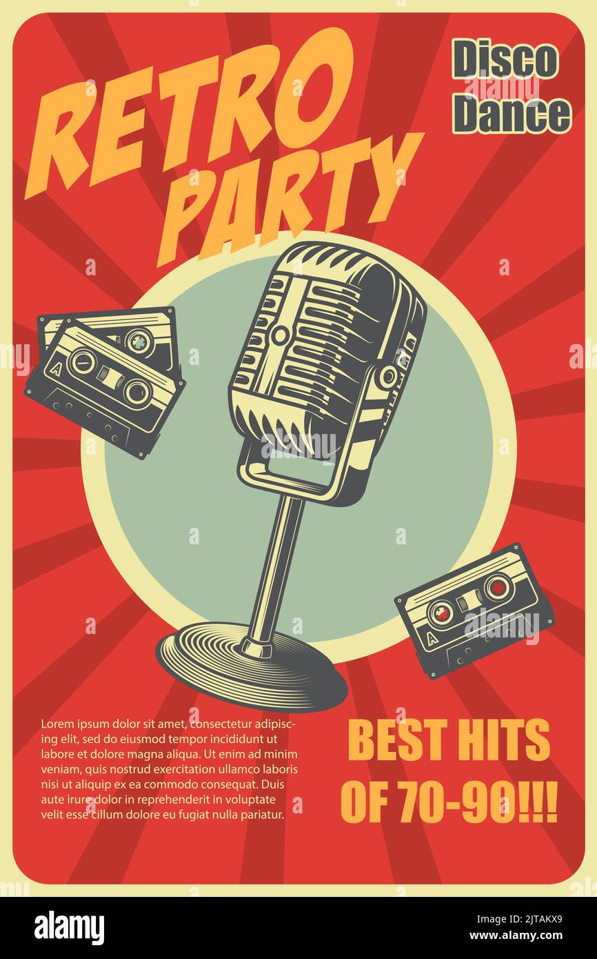 Retro party. Poster template with retro style microphone. Design