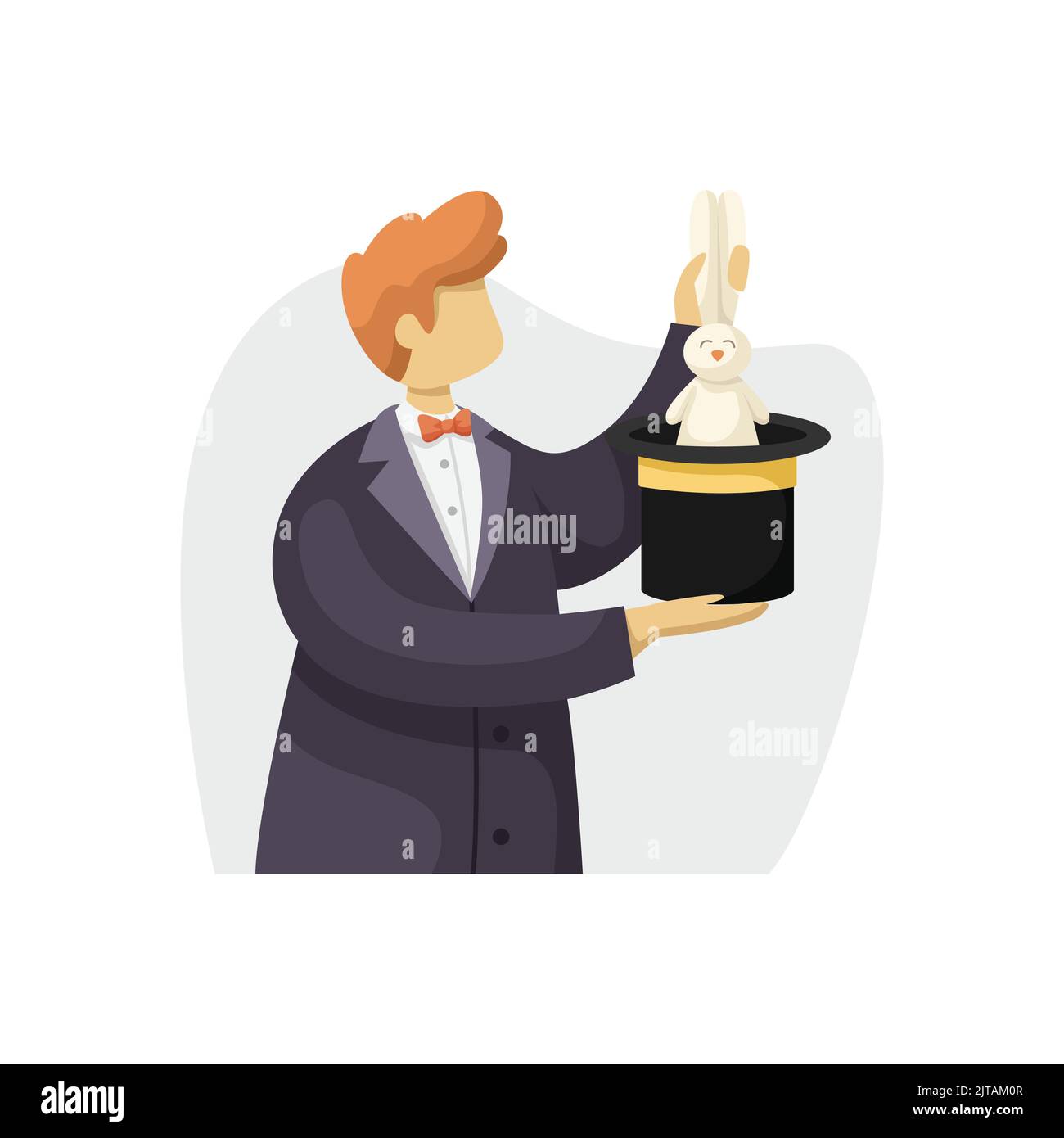 Vector illustration of a male magician pulling a hare out of a hat. Flat style Stock Vector