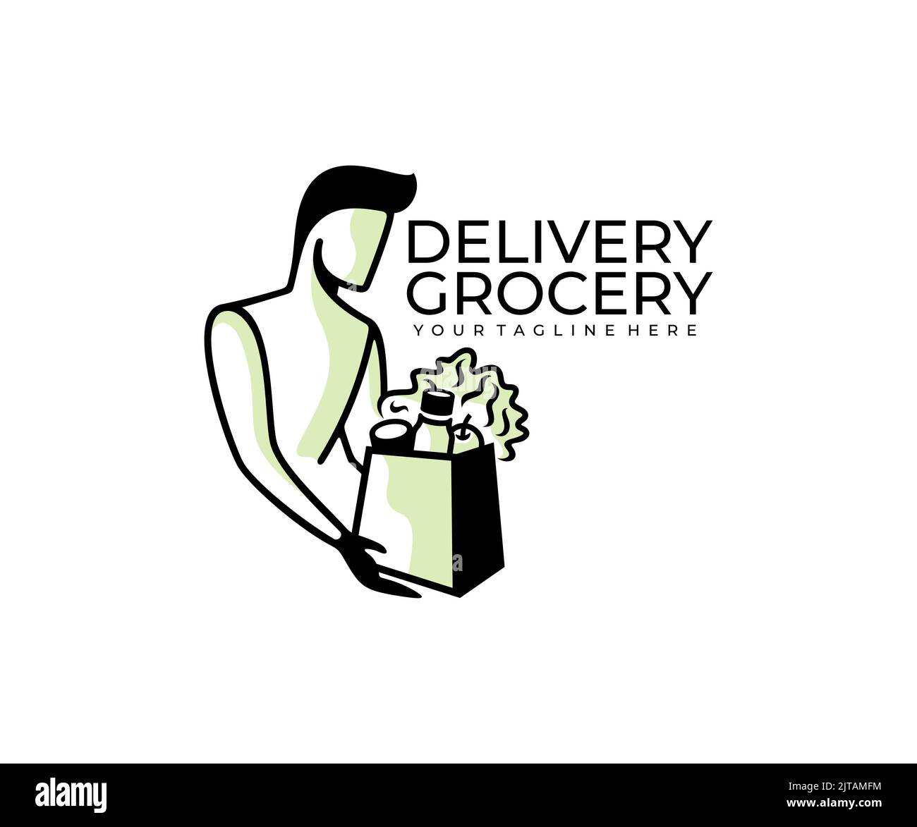 A man holding a bag of groceries, delivery of products, logo design. Food, food delivery and order food, vector design and illustration Stock Vector