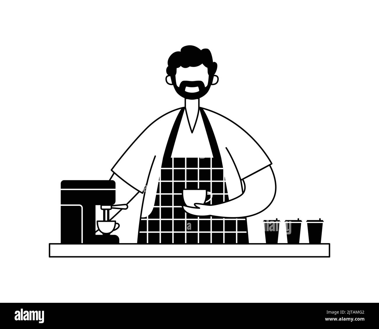 Vector illustration of a male barista with a cup of coffee at the bar. Outline Stock Vector