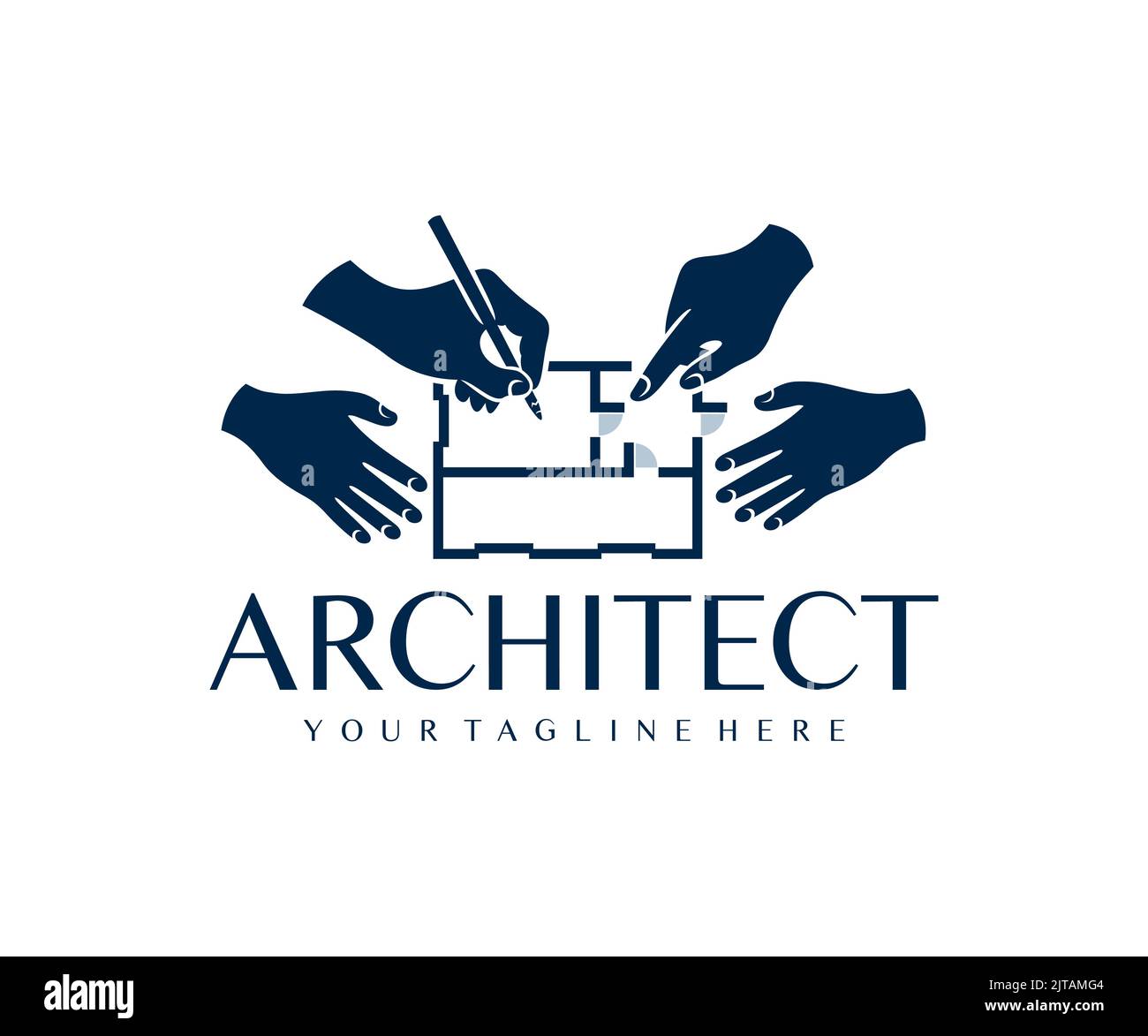 Architects, engineers, contractor, holding pen and pointing at blueprint, logo design. Architectural construction house and sketch plan, building Stock Vector