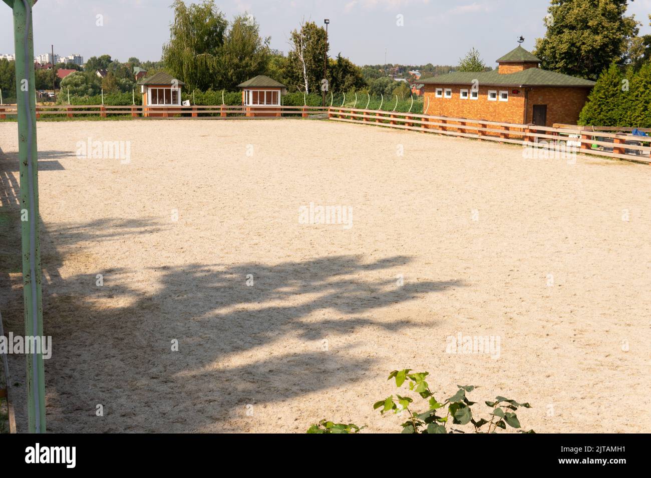 Sand equine horse arena equestrian empty ranch building course, for leisure texture for wooden for area animal, background ready. Construction scene Stock Photo