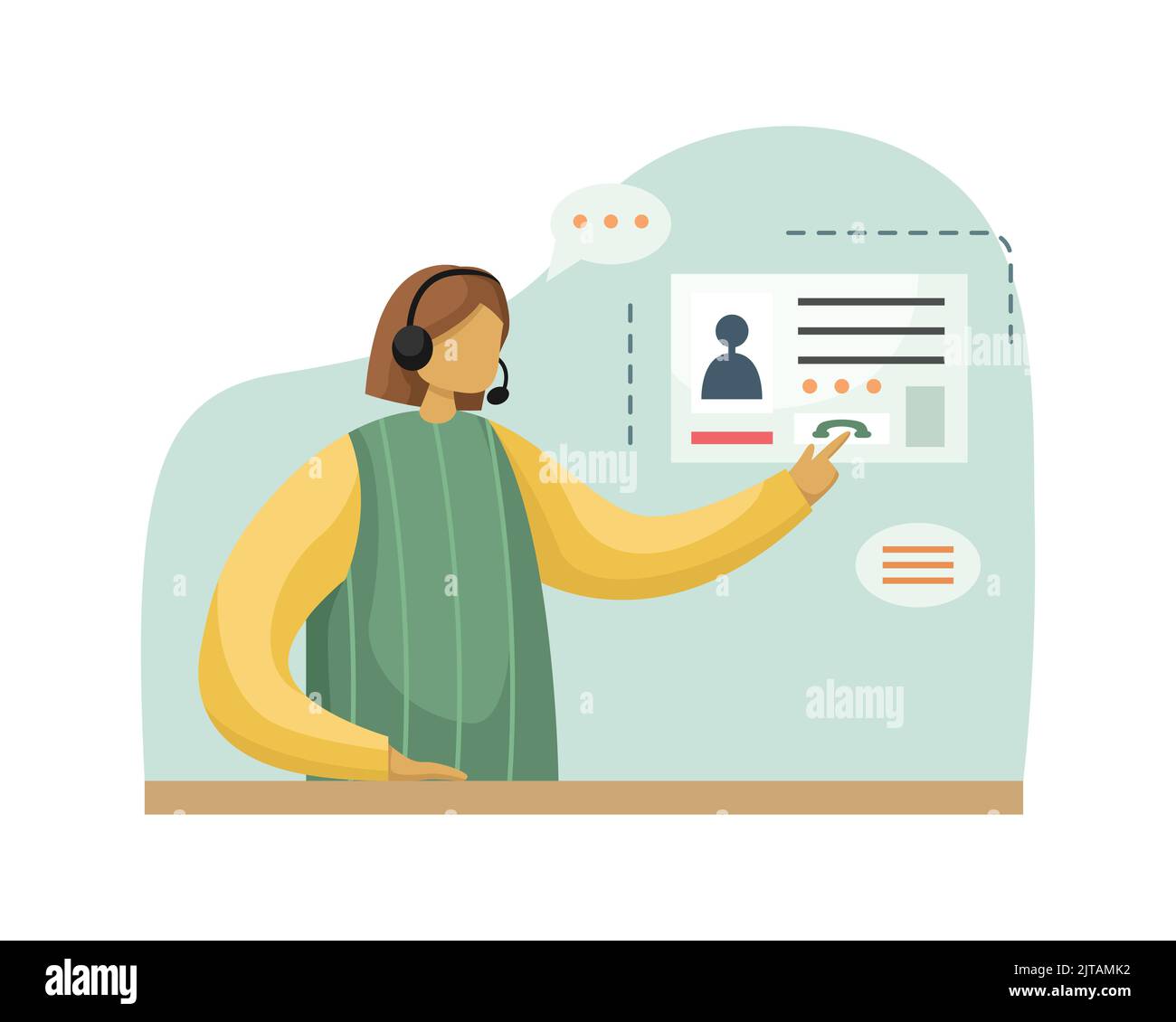 Vector illustration of a girl working in a call center wearing headphones with a microphone. Flat style Stock Vector