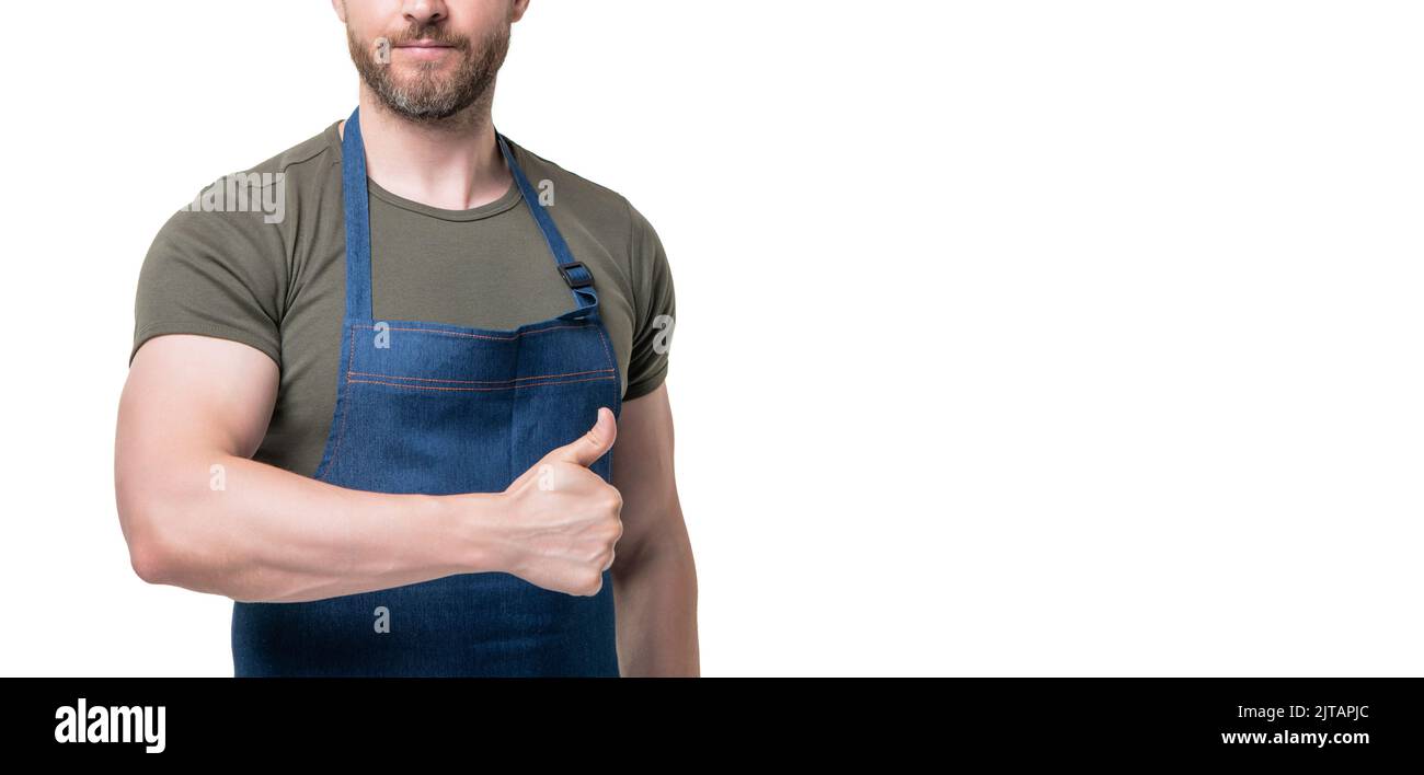 cropped view of man in apron isolated on white background. thumb up Stock Photo