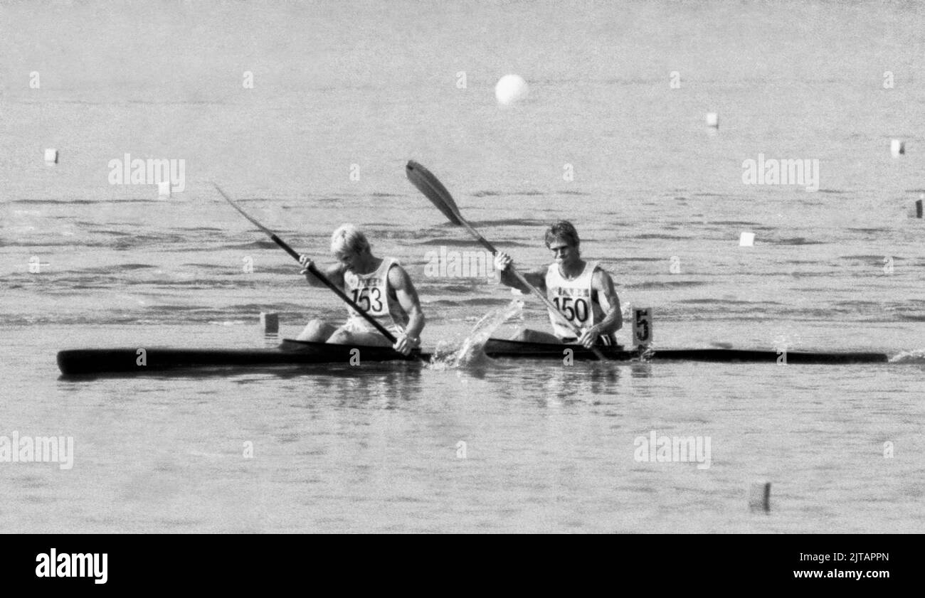 OLYMPIC SUMMER GAMES IN LOS ANGELES 1984Per Inge Bengtsson and Lars Erik Moberg Sweden canoe athlete their during thwe race K2 500 m Stock Photo