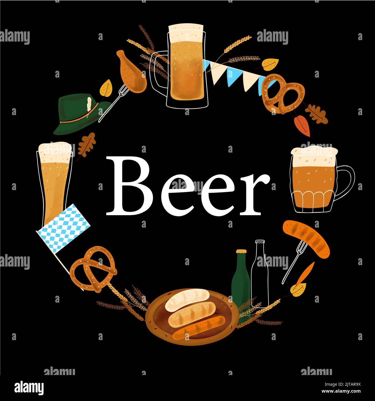 Frame background with stylized illustration mugs of beer, pretzel snack ...