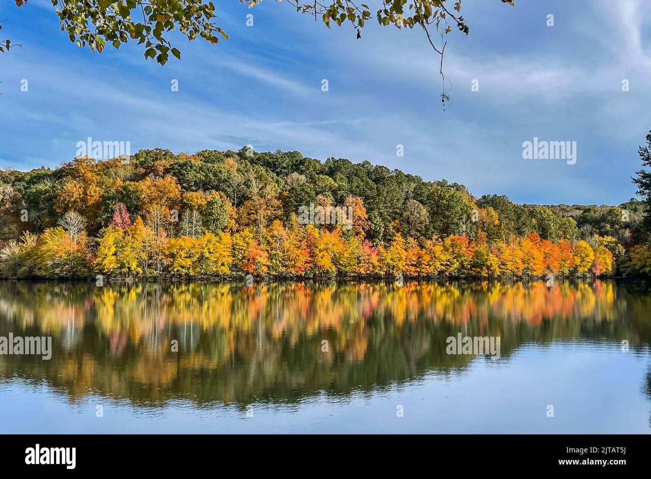 Bright fall foliage colors reflect onto surface of North lake