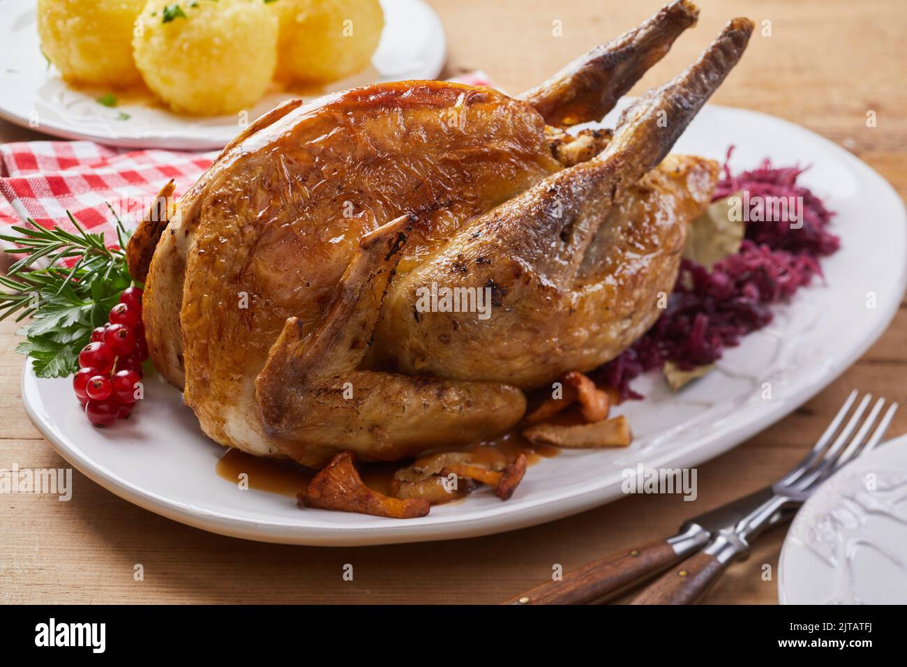 Delicious whole roasted guinea fowl with sauerkraut served with herbs and red currant berries on plate during lunch Stock Photo