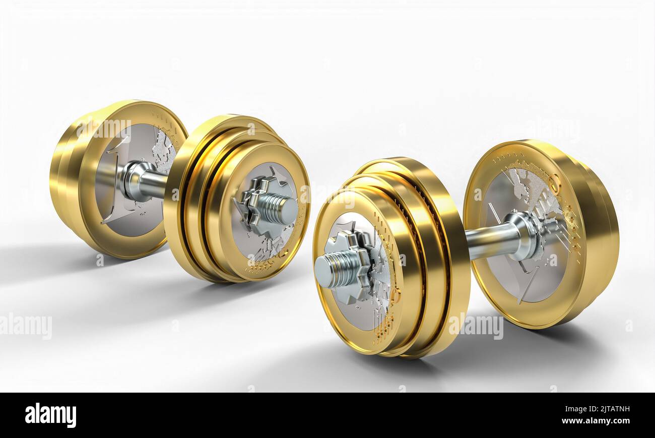 metal dumbbells with euro coins instead of discs. 3d render Stock Photo