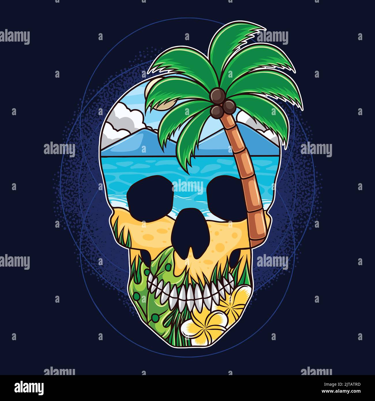 Summer skull with beach nature concept vector. Skull. Human skull design with palm tree Stock Vector