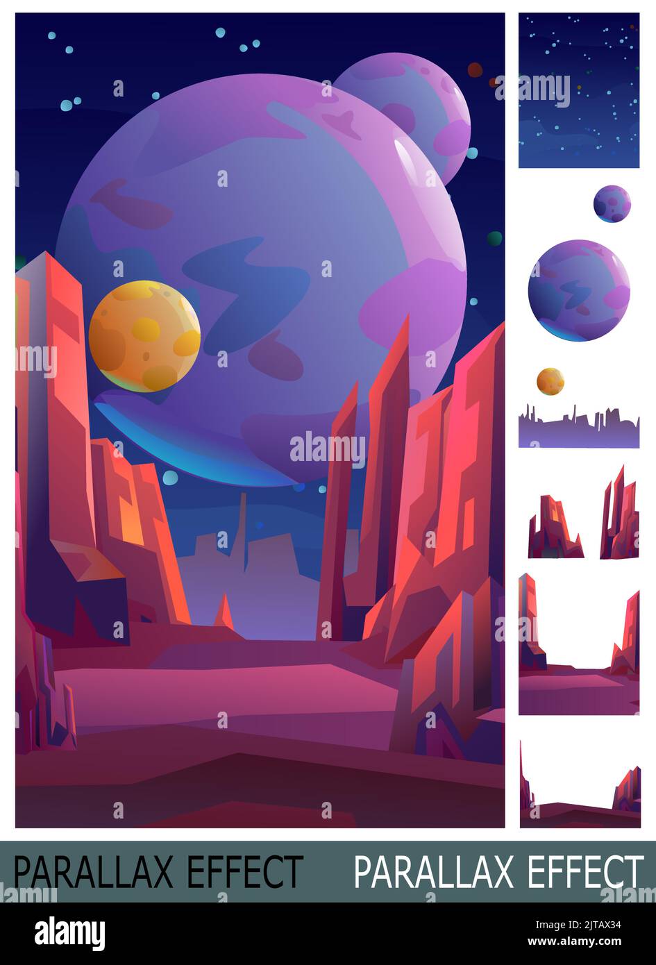 Satellite planets in space. Rocky landscape. Starry night sky. Image from layers for overlay with parallax effect. Beautiful stone scenery. Cartoon fl Stock Vector