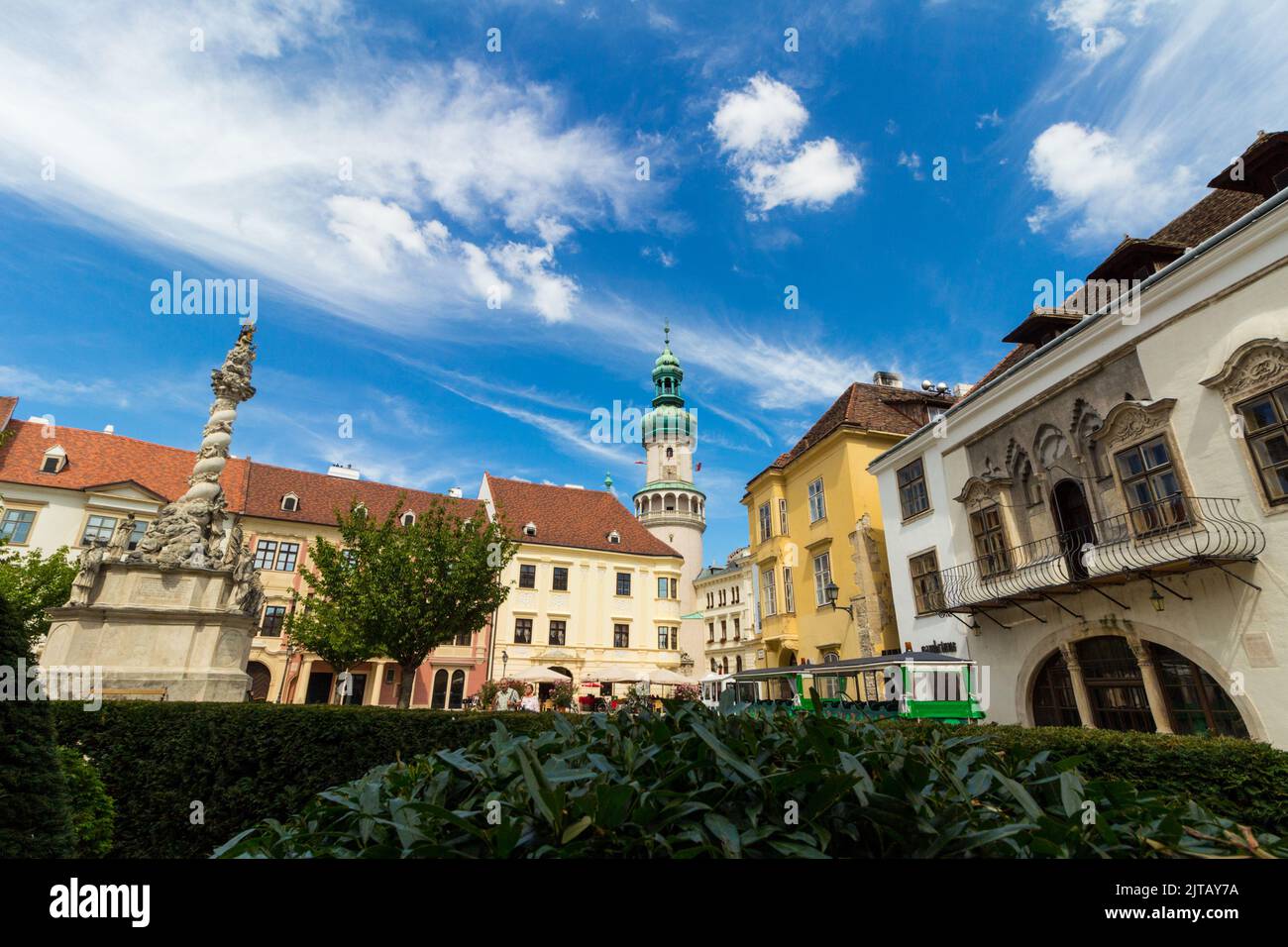 Firewatch Tower and Holy Trinity Statue (1701) seen with green shrubs in foreground, Sopron, Hungary Stock Photo