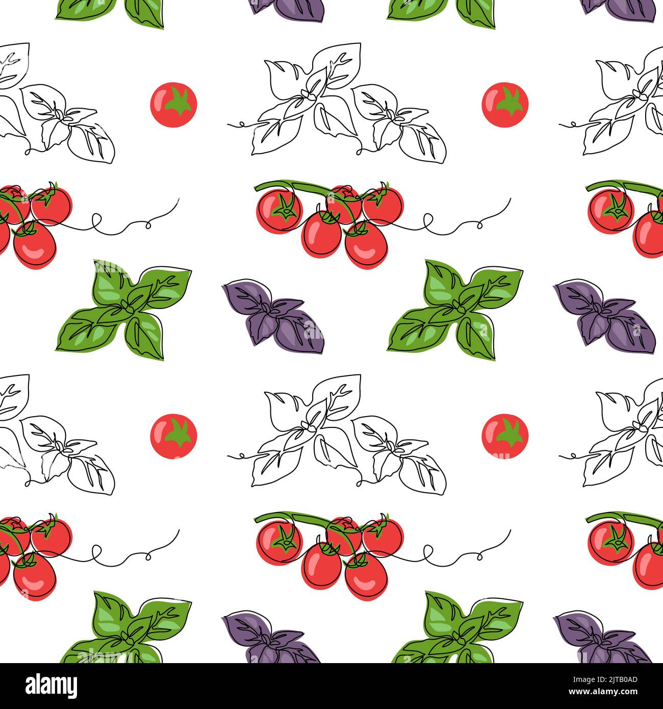 Tomatoes and basil leaves vector pattern. One continuous line art drawing for background,fabric, textile, wallpaper, print, wrapping paper, texture Stock Vector