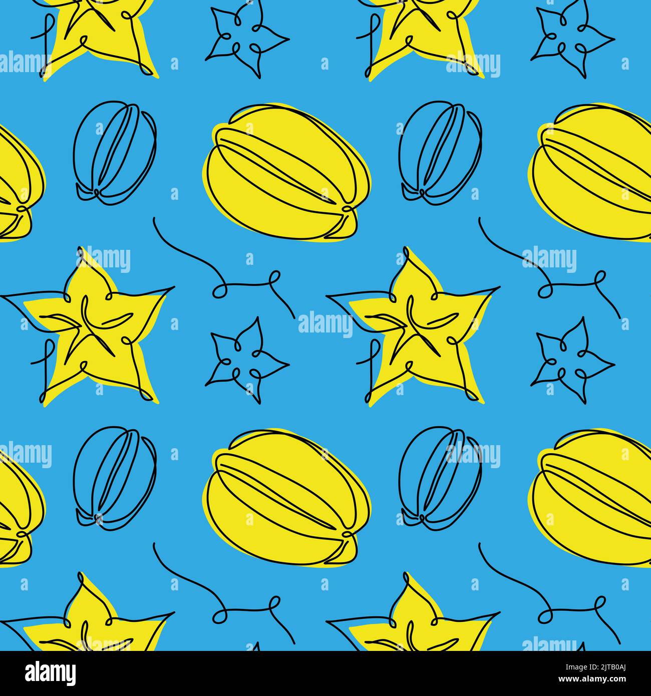 Carambola yellow fruit vector seamless pattern on blue background. One continuous line art drawing design of carambola pattern Stock Vector