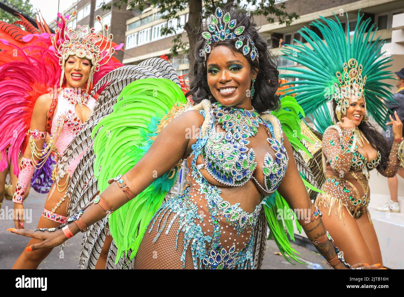 London, UK. 29th Aug, 2022. Participants and revellers have fun along the main parade at Notting Hill Carnival 2022. The carnival, a celebration of Caribbean culture, returns to London after 2 years of restrictions and is expected to easily exceed 1 million visitors again this year. Credit: Imageplotter/Alamy Live News Stock Photo
