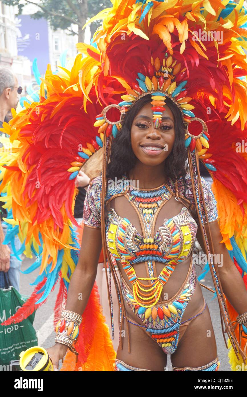Notting Hill, London, UK. 29th Aug, 2022. Londoners and tourists alike enjoy the last day of Notting Hill Carnival. Participants dress in colourful costumes celebrating this year's event. Credit: Uwe Deffner/Alamy Live News Stock Photo