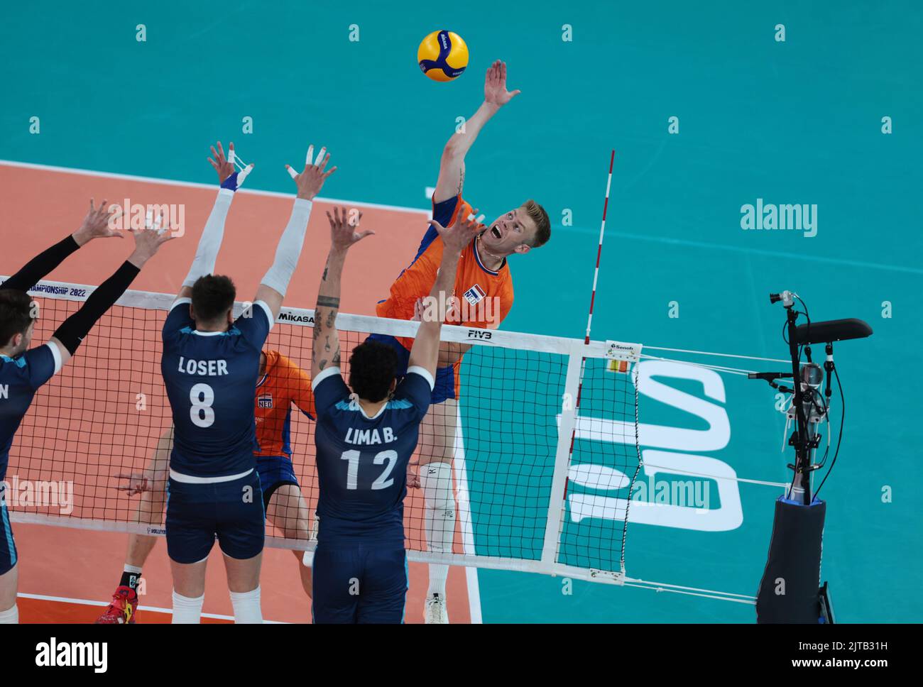 LJUBLJANA, SLOVENIA - AUGUST 29: Agustin Loser and Bruno Lima of Argentina in action during the FIVB Volleyball Men's World Championship - Pool F - Preliminary Phase match between Netherlands and Argentina at the Arena Stozice on August 29, 2022 in Ljubljana, Slovenia (Photo by Borut Zivulovic/BSR Agency) Stock Photo