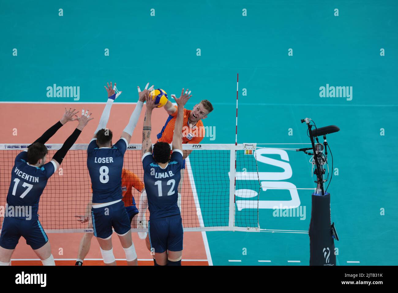 LJUBLJANA, SLOVENIA - AUGUST 29: Luciano Vicentin, Agustin Loser and Bruno Lima of Argentina in action during the FIVB Volleyball Men's World Championship - Pool F - Preliminary Phase match between Netherlands and Argentina at the Arena Stozice on August 29, 2022 in Ljubljana, Slovenia (Photo by Borut Zivulovic/BSR Agency) Stock Photo