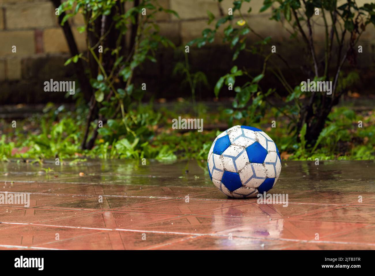 Soccer ball in the rain Stock Photo