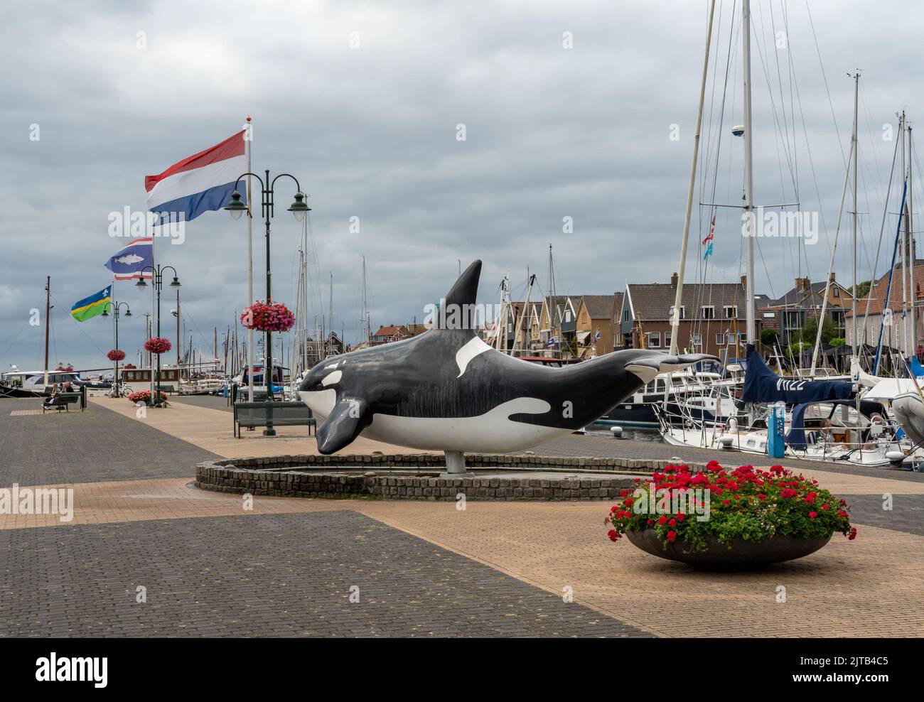 Urk, Province Flevoland, The Netherlands, 26.08.2022, Marina of Urk with the statue of an orca, the symbol of the town Stock Photo