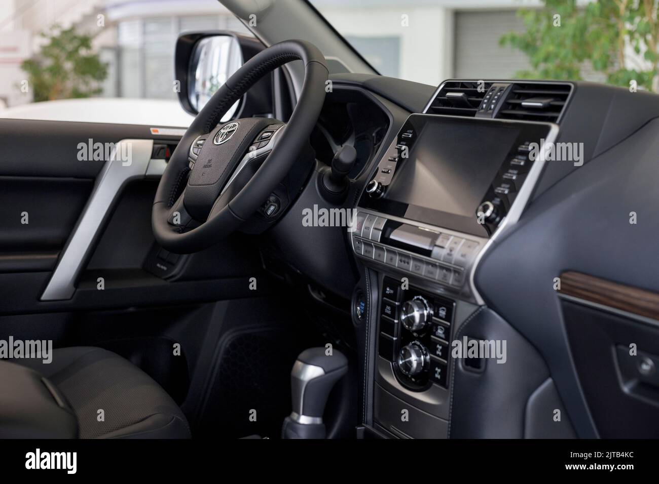 Russia, Izhevsk - September 30, 2021: Toyota showroom. Interior of new modern Land Cruiser Prado car in dealer showroom. Modern transportation. Stock Photo