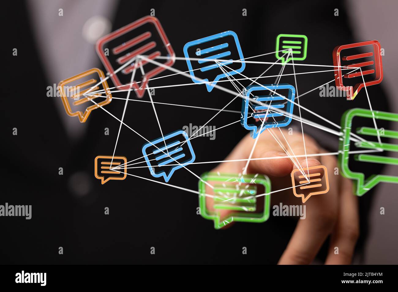 A man pointing at a web of message icons Stock Photo - Alamy
