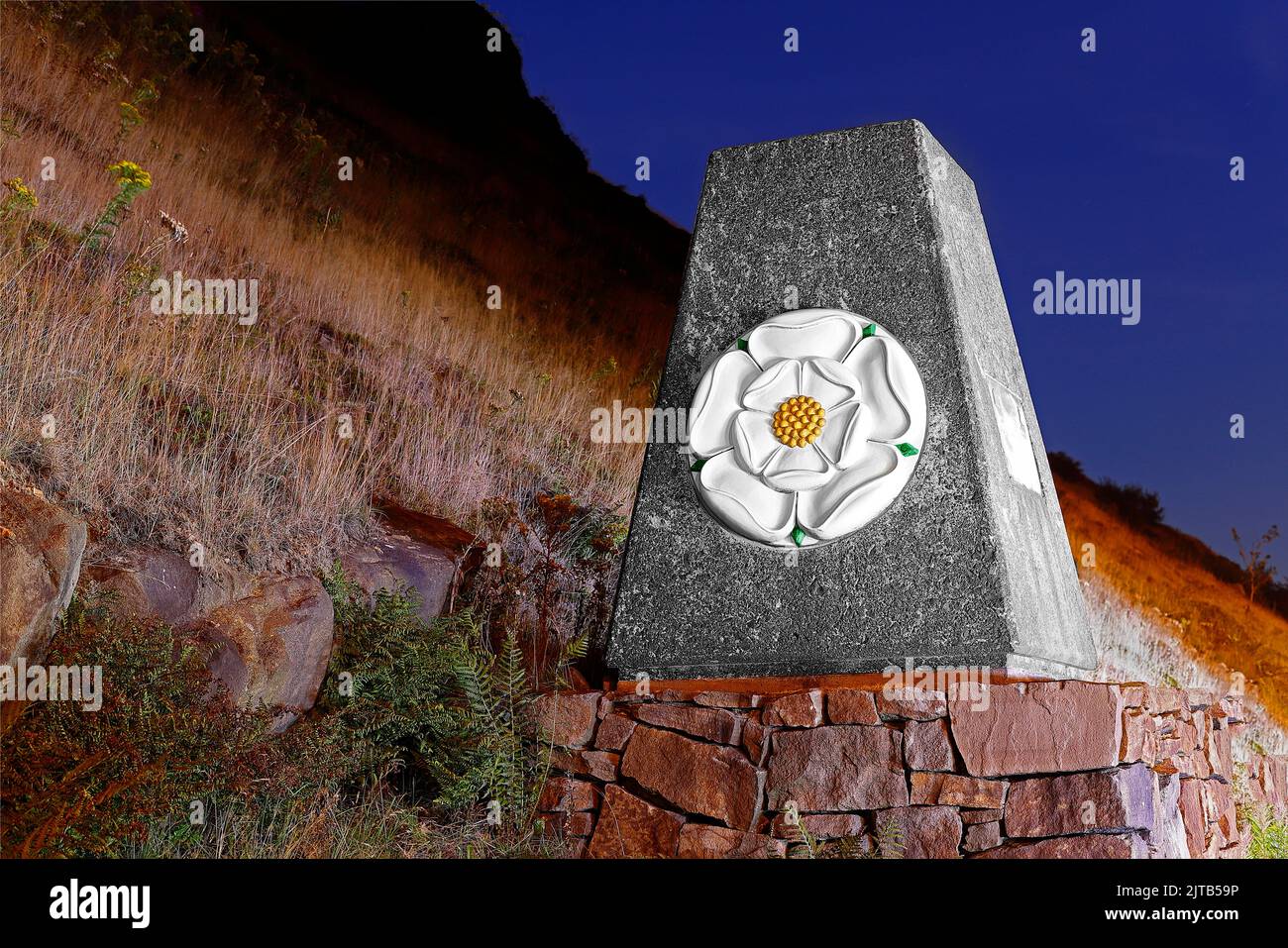 The Yorkshire White Rose marker stone located on the Eastbound