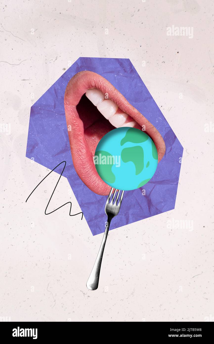 Vertical composite collage of human mouth teeth biting eat fork hold