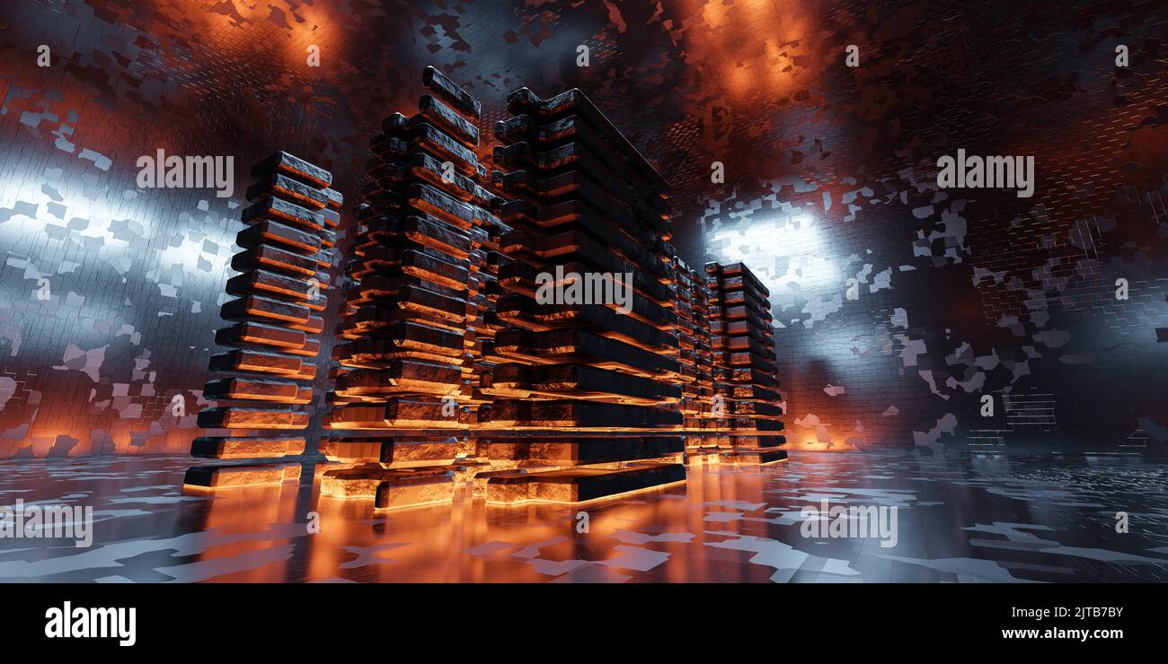 abstract dark futuristic tower building interior with glowing red light ...
