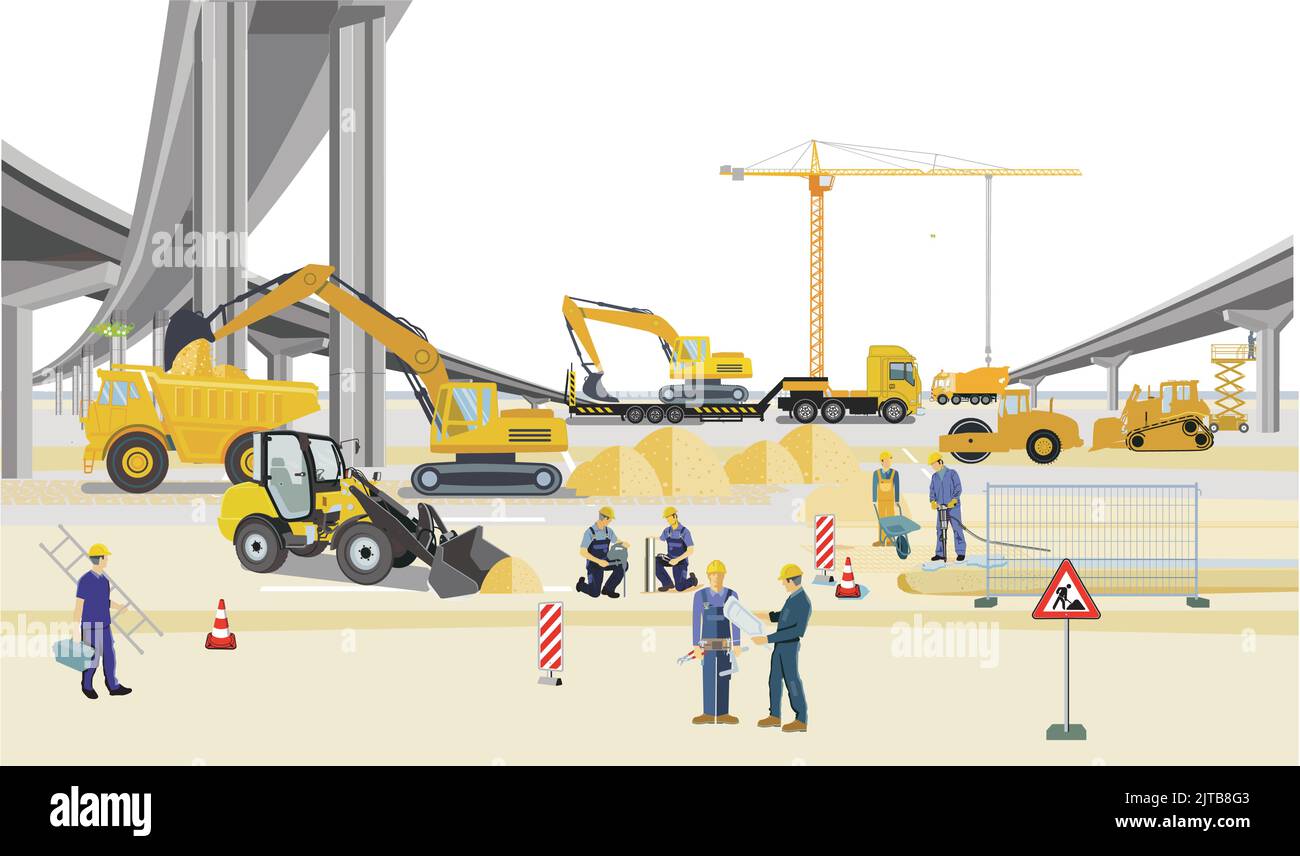 Bridges construction site with construction workers, illustration Stock Vector