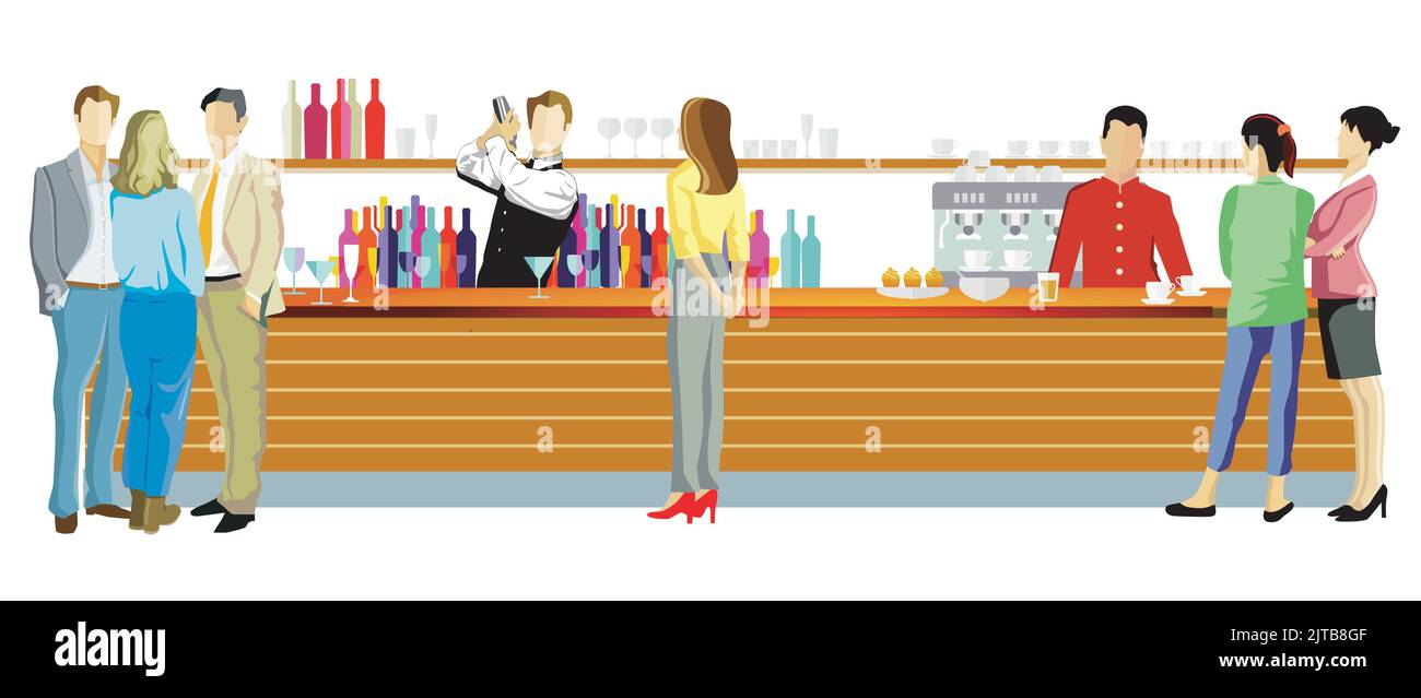 Bartender with  adults at the bar counter Stock Vector