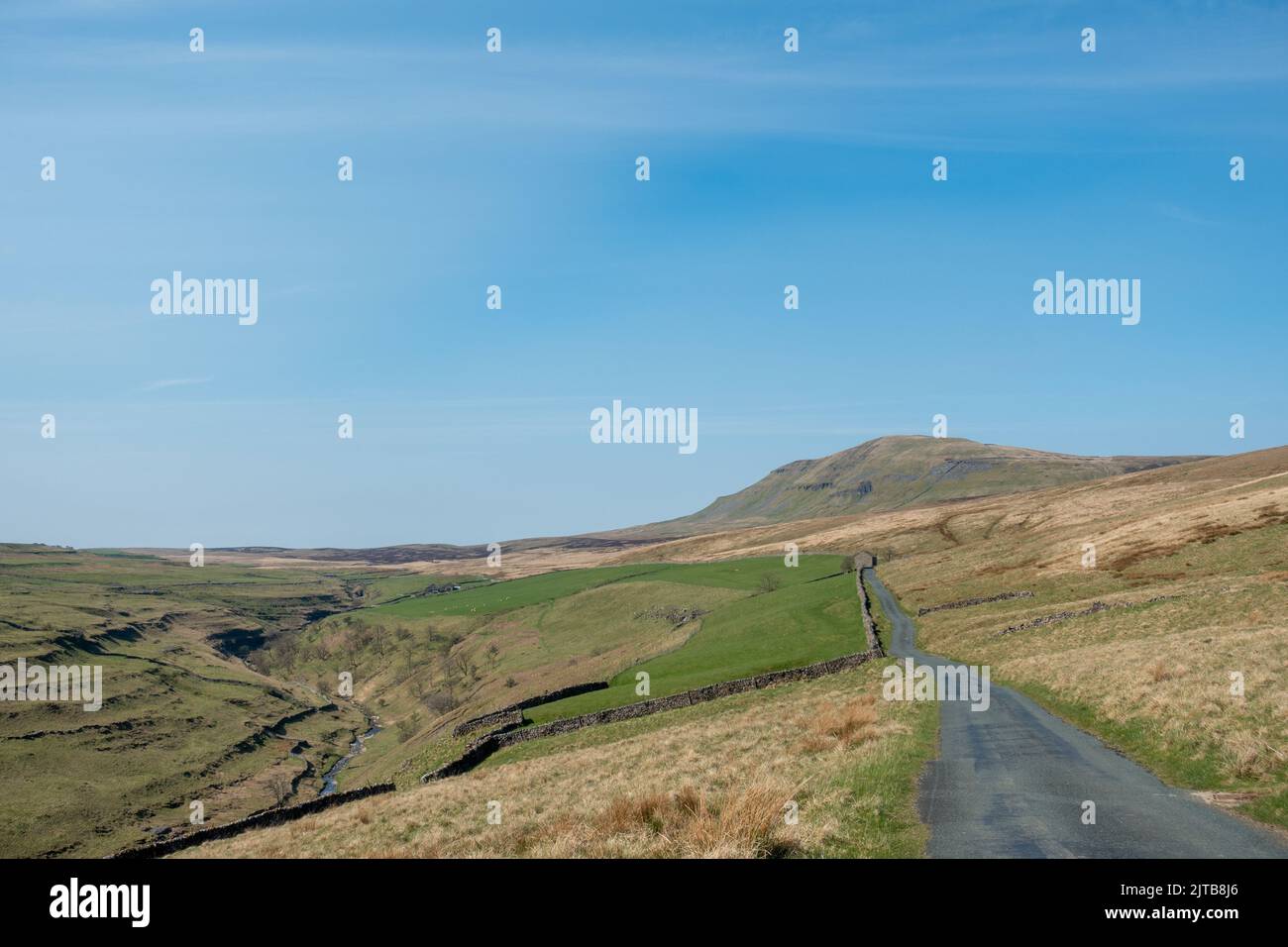 Views of Pen-y-ghent mountain from the country lane near Halton Gill, Yorkshire Dales National Park Stock Photo