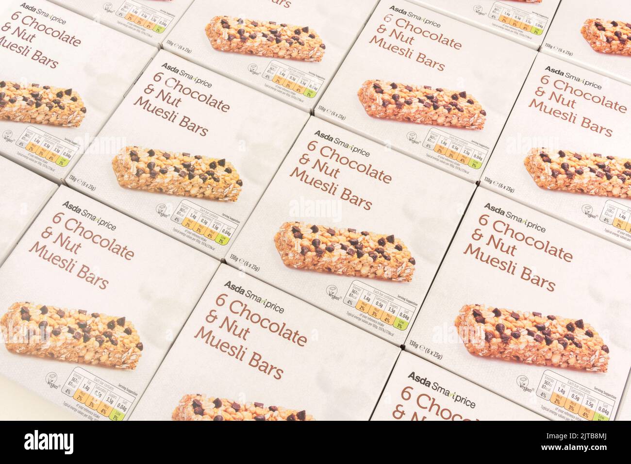 Close shot of ASDA own label Chocolate & Nut muesli cereal bars. For