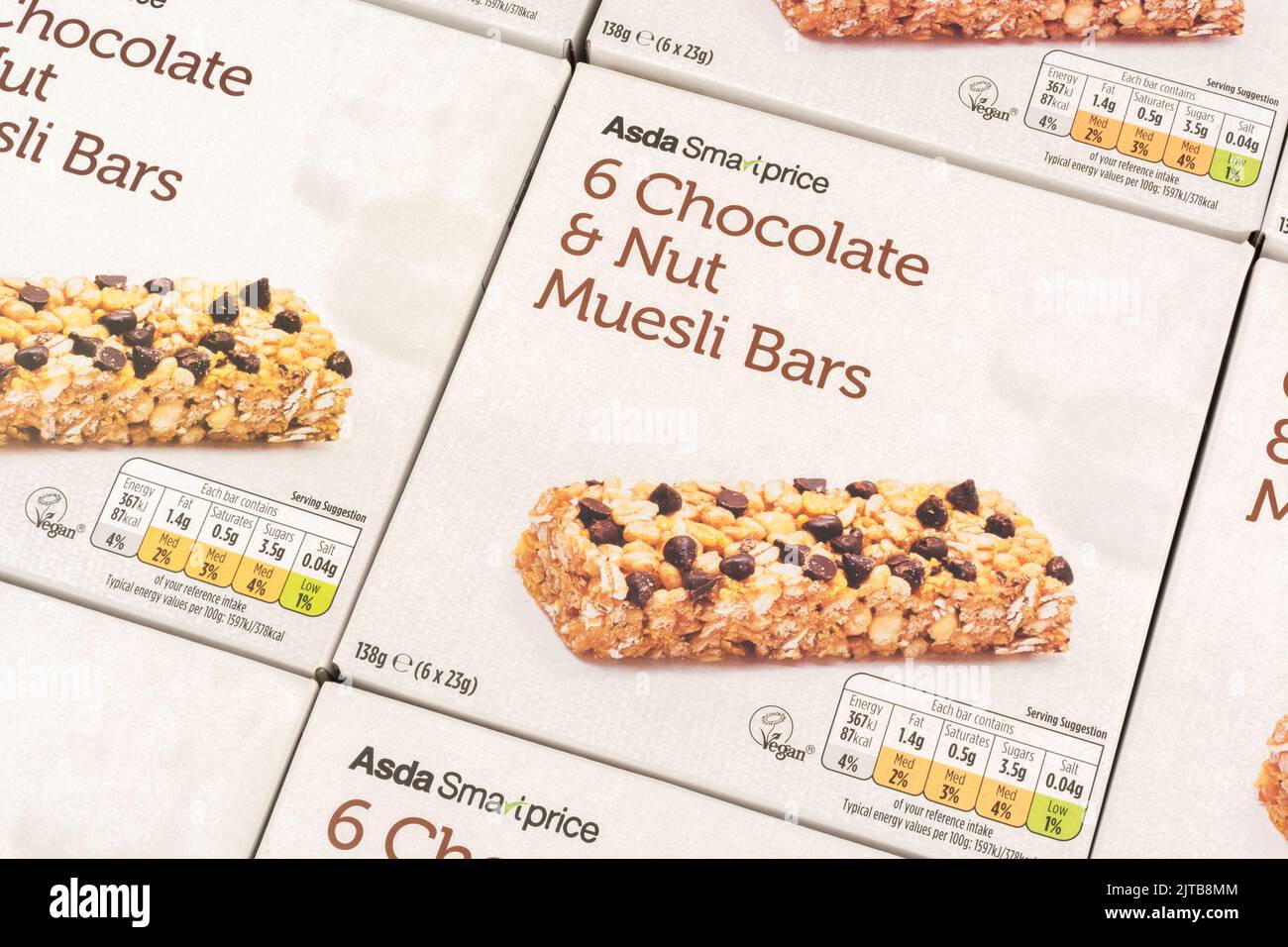 Close shot of ASDA own label Chocolate & Nut muesli cereal bars. For ...