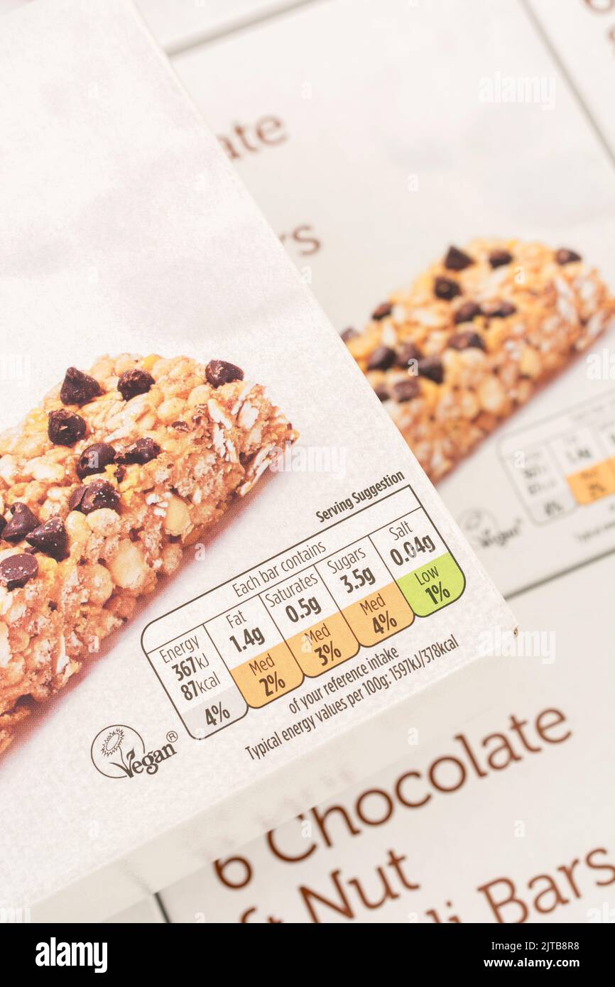 Close shot of food Dietary Traffic Lights on cardboard boxes of ASDA