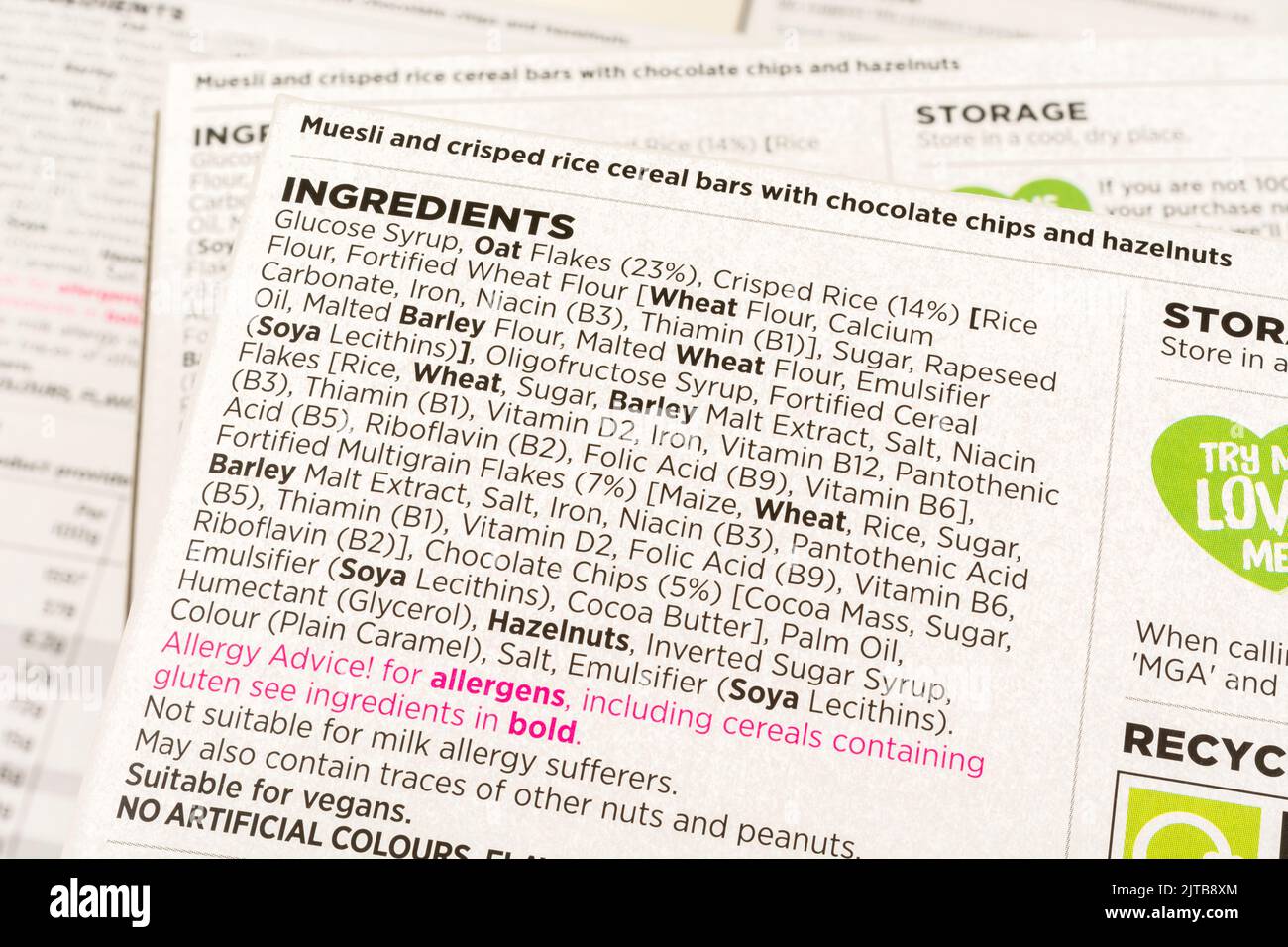 Close shot of packet of ASDA chocolate & nut cereal bar ingredients