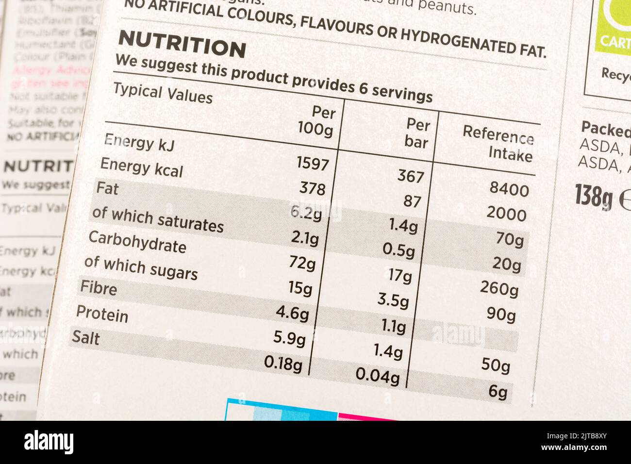 Close shot of nutrition label on packet of ASDA chocolate & nut cereal