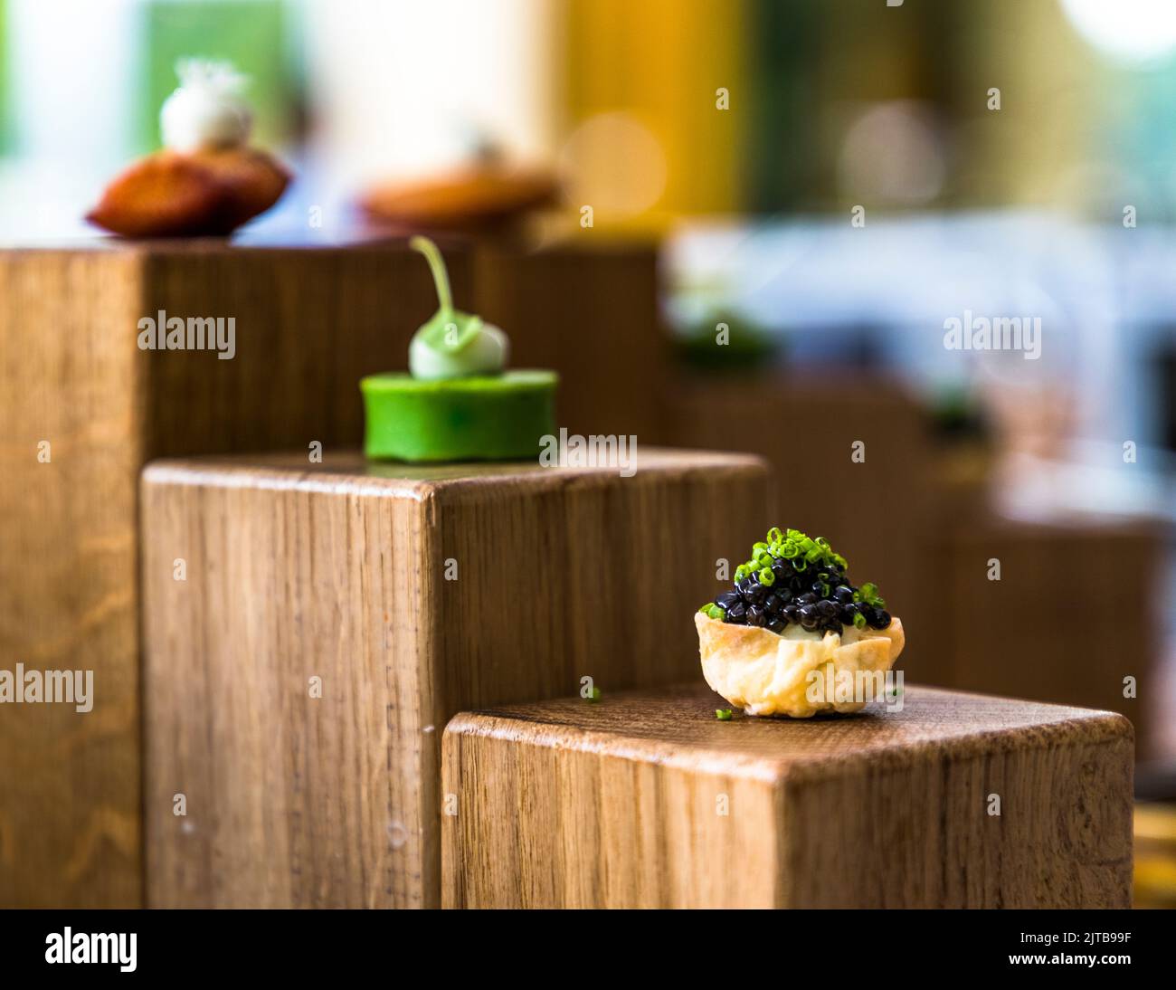 Fresh local products in the restaurant Carelshaven. Three greetings from the kitchen, are served on oak beams at Hotel Carelshaven. Hof van Twente, Netherlands Stock Photo