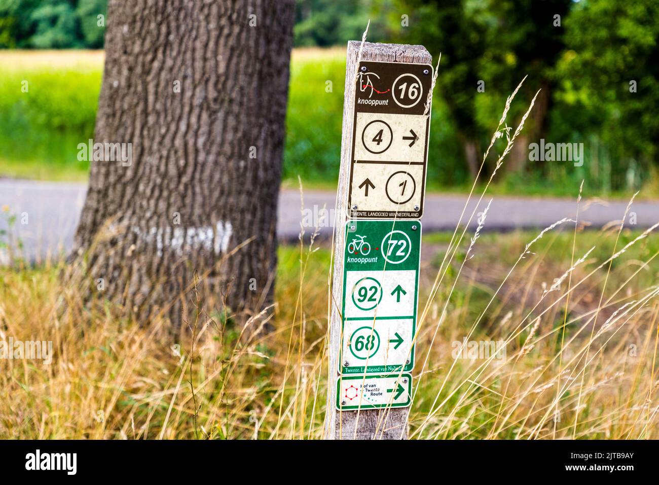 In the Hof van Twente region there is a wide range of cycling and hiking trails. The region is also called 'The Gardens of the Netherlands'. The nodes mark crossings where cyclists or walkers can extend their routes. You have to be well prepared to understand the Dutch signs on bike paths. Ambt Delden, Netherlands Stock Photo