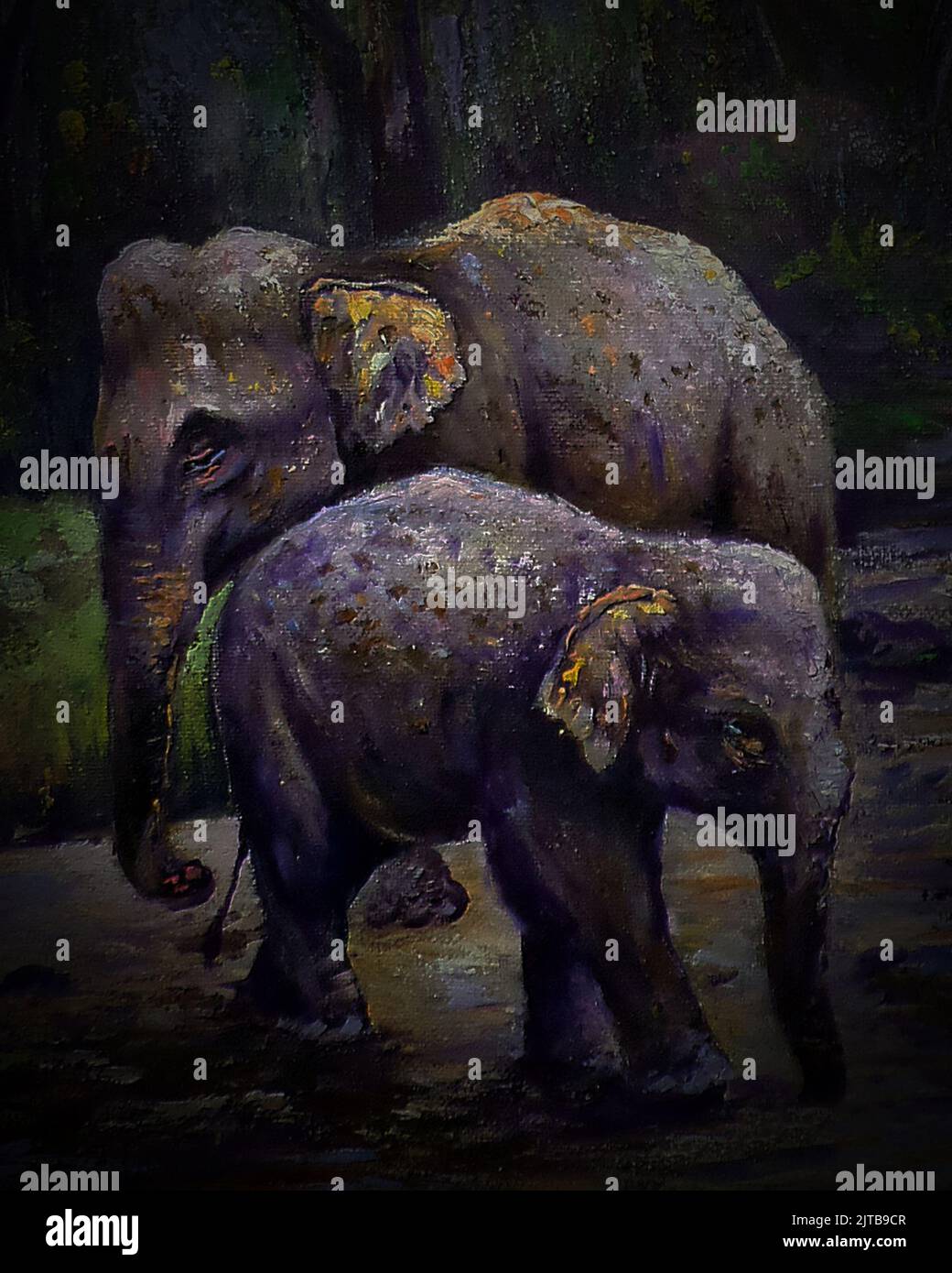 art painting Oil color Elephant family  in  forest Stock Photo