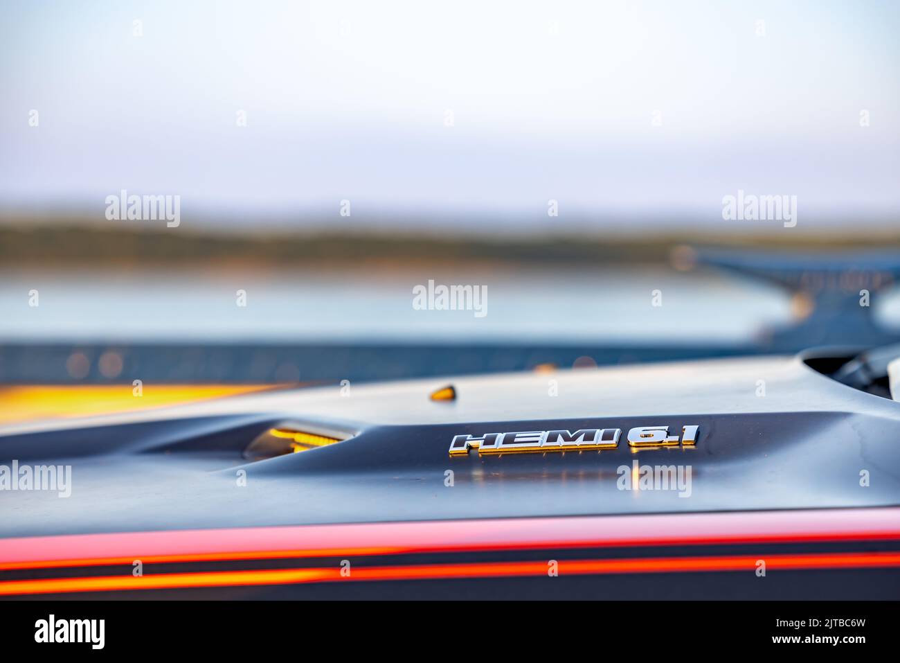 Detail of a hood scoop on a dodge Hemi 6.1L Stock Photo Alamy