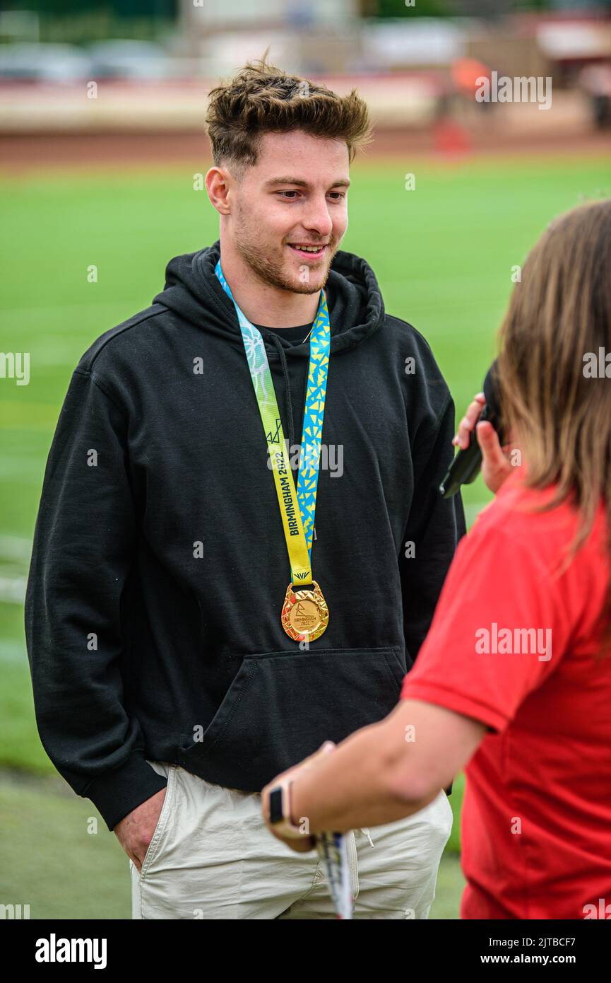 Anthony Harding is interviewed during the SGB Premiership match between Belle Vue Aces and Wolverhampton Wolves at the National Speedway Stadium, Manchester on Monday 29th August 2022. (Credit: Ian Charles | MI News) Credit: MI News & Sport /Alamy Live News Stock Photo