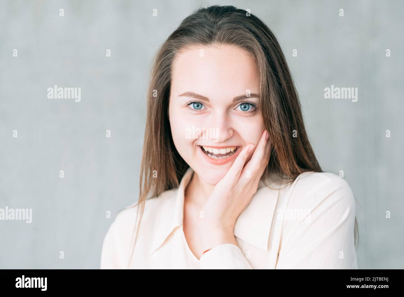 excited young woman skin care youth beauty Stock Photo